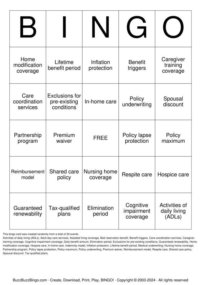 Download Free Long-Term Care Insurance Bingo Cards