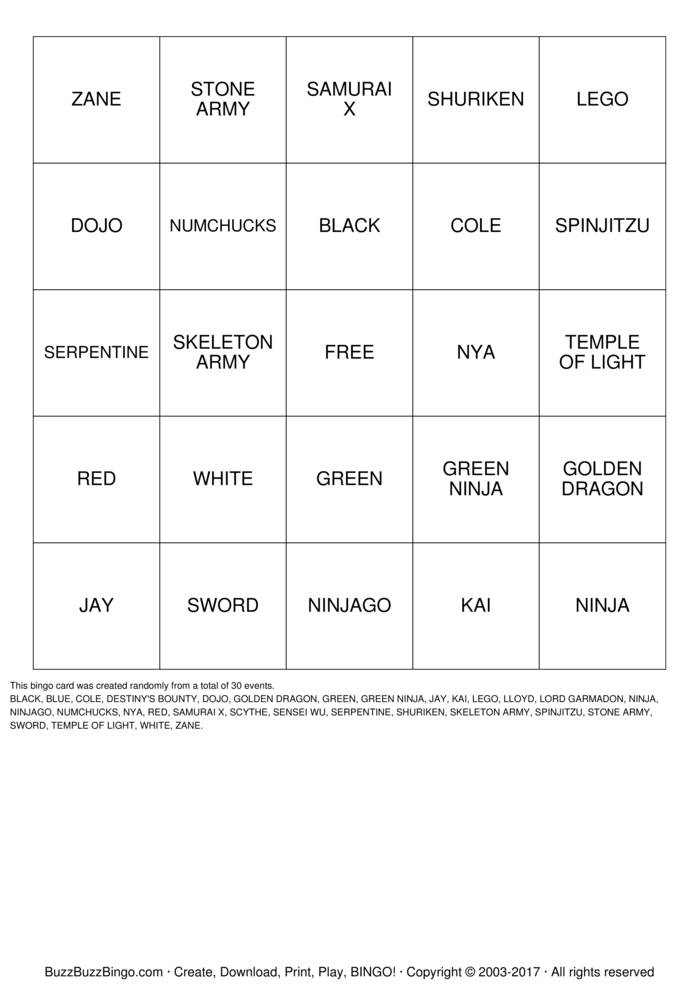 NINJA Bingo Bingo Cards to Download, Print and Customize!