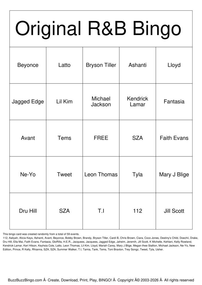 Download Free Original R&B Bingo  Bingo Cards