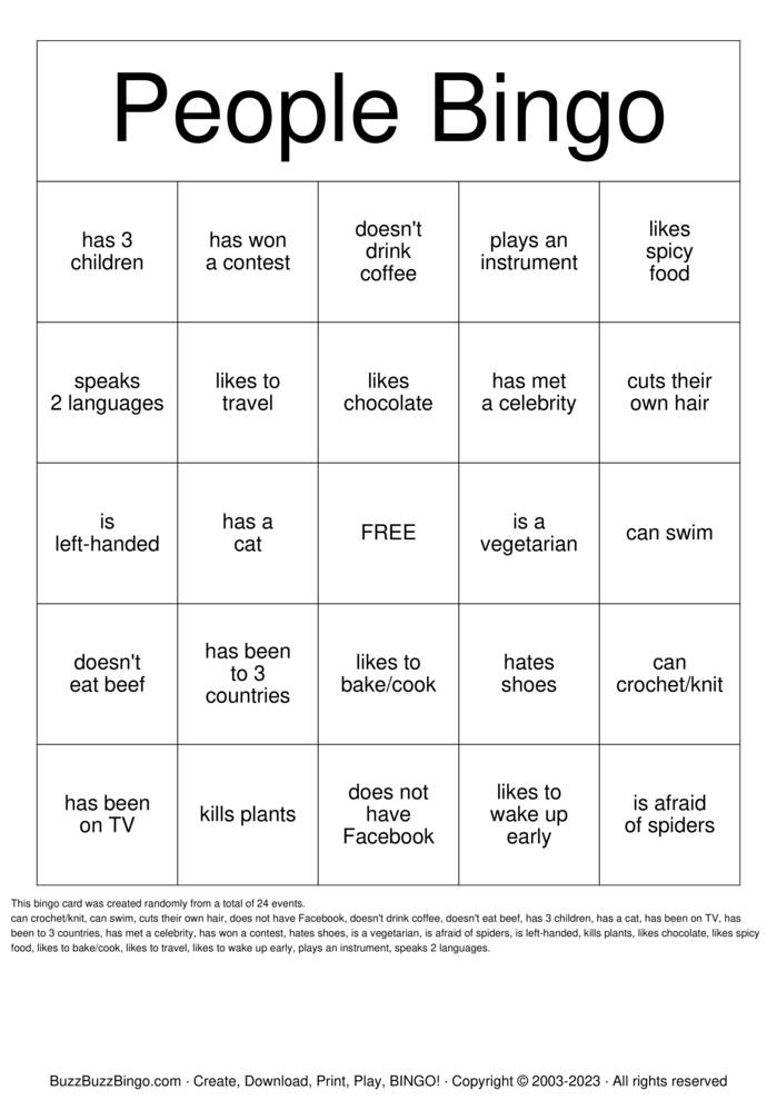 Download Free People Bingo Bingo Cards