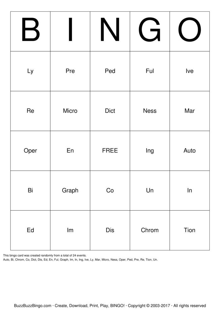 Prefix/Suffix Bingo Cards to Download, Print and Customize!
