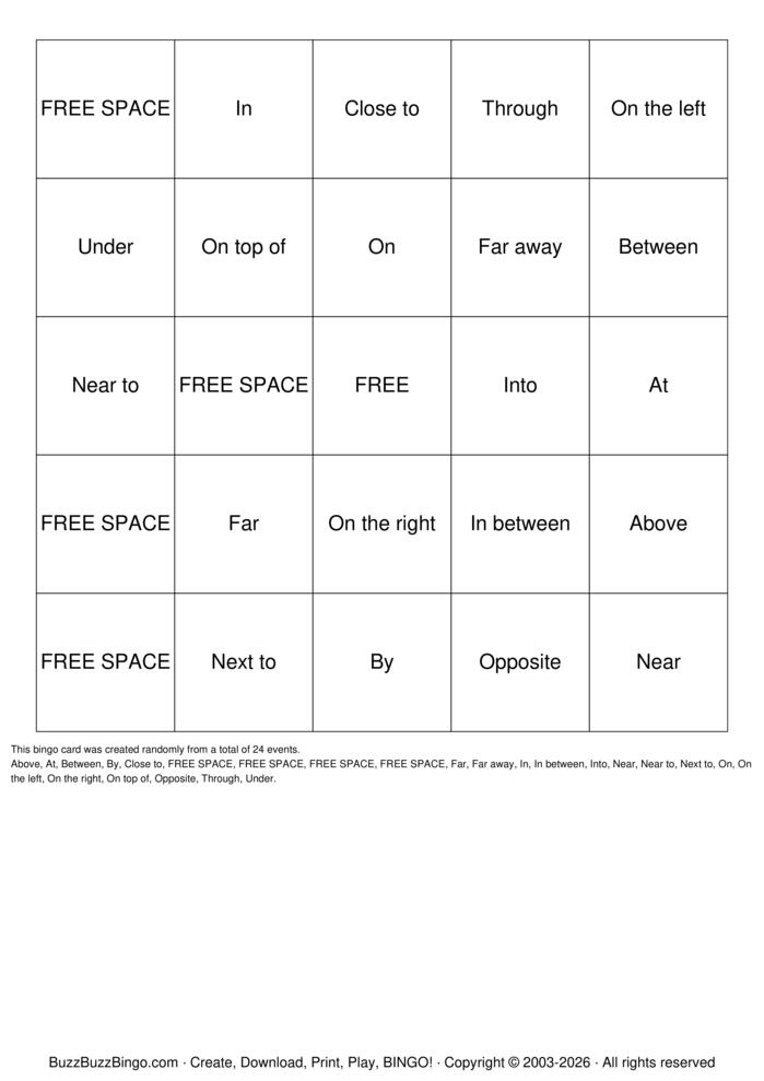 Download Free Prepositions of place Bingo Cards Download Free Prepositions of place Bingo Cards
