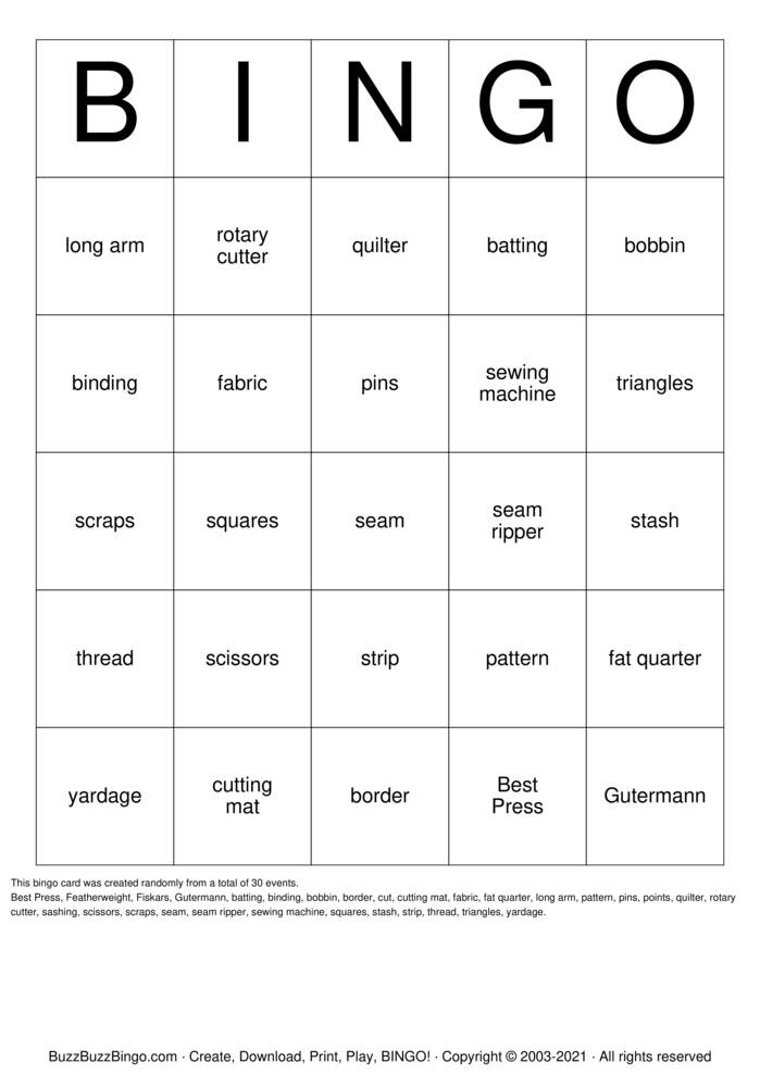 QUILT Bingo Cards to Download, Print and Customize!