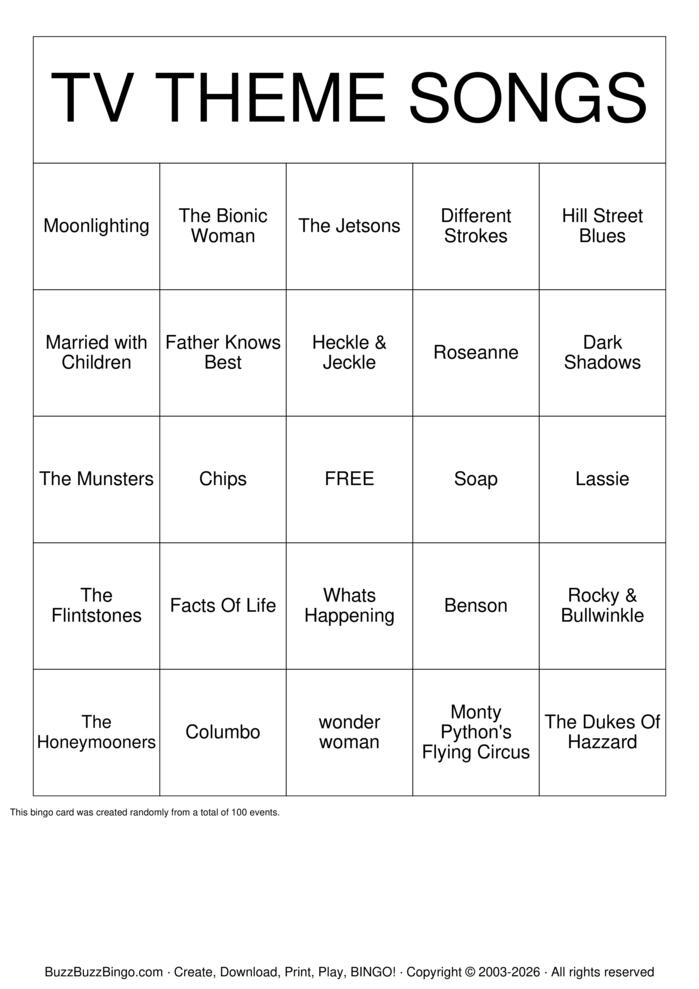 Download Free TV Theme Song Music Bingo Cards Download Free TV Theme Song Music Bingo Cards