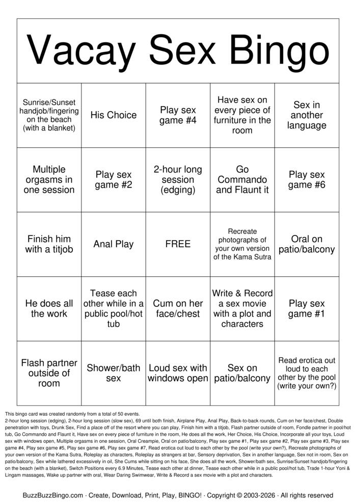 Download Free Vacation Sex Bingo Cards