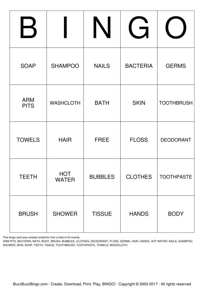 hygiene Bingo Cards to Download, Print and Customize!