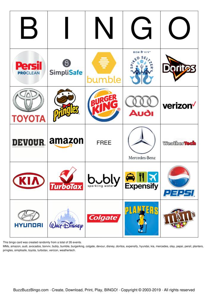 2019 Superbowl Commercial Logos Bingo Cards to Download, Print and ...
