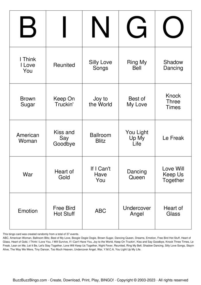 Download Free 70s Hit Songs Bingo Cards
