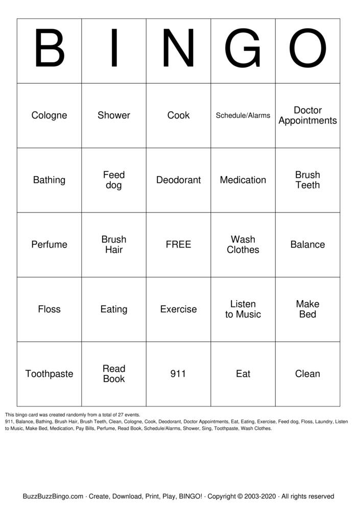 Download Free Activities of Daily Living Bingo Cards