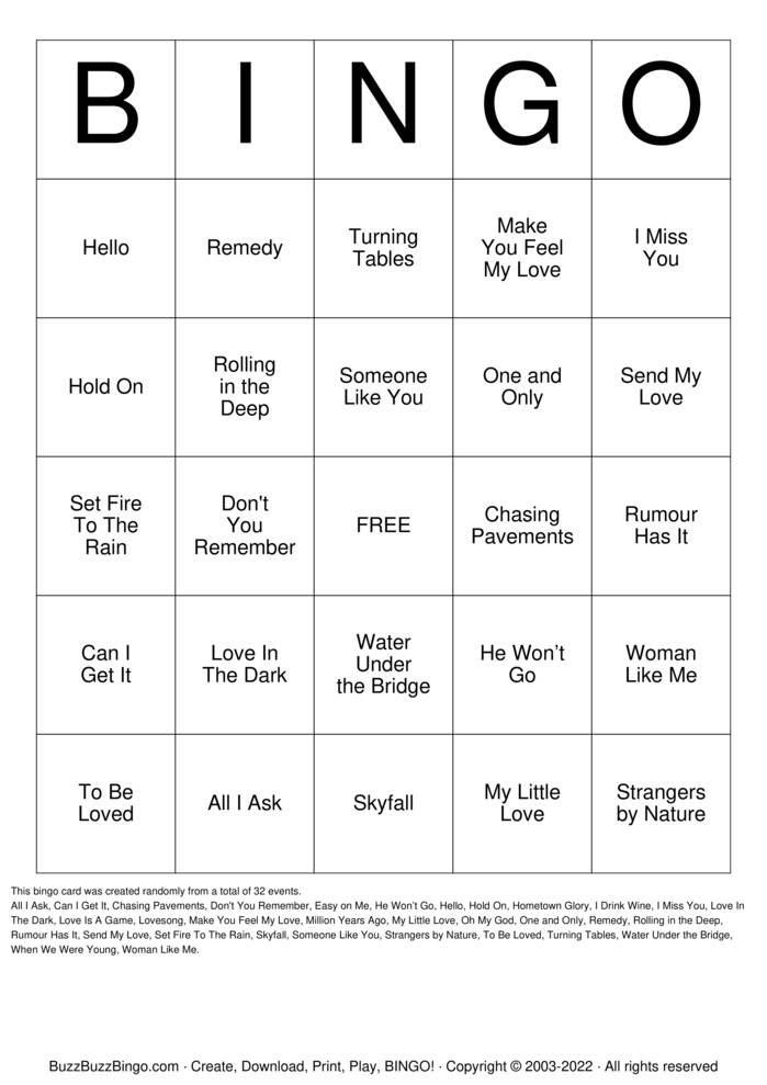 Download Free Adele Songs Bingo Cards