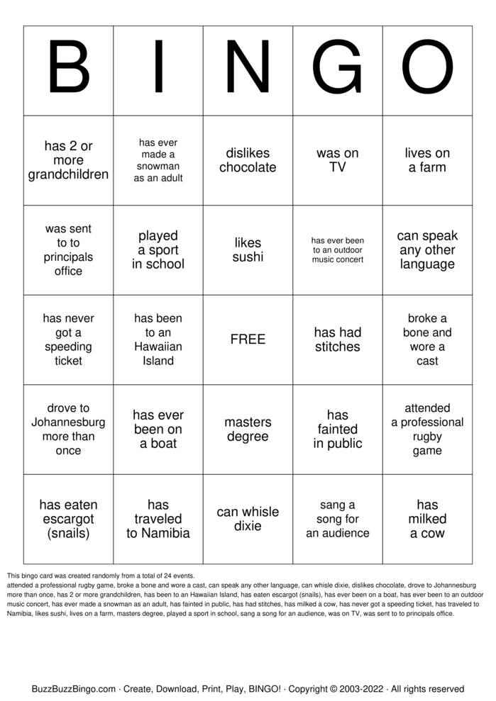 BSSS 35th Class Reunion Bingo Cards to Download, Print and Customize!