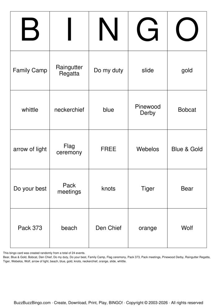Download Free Cub Scouts Bingo Cards Download Free Cub Scouts Bingo Cards