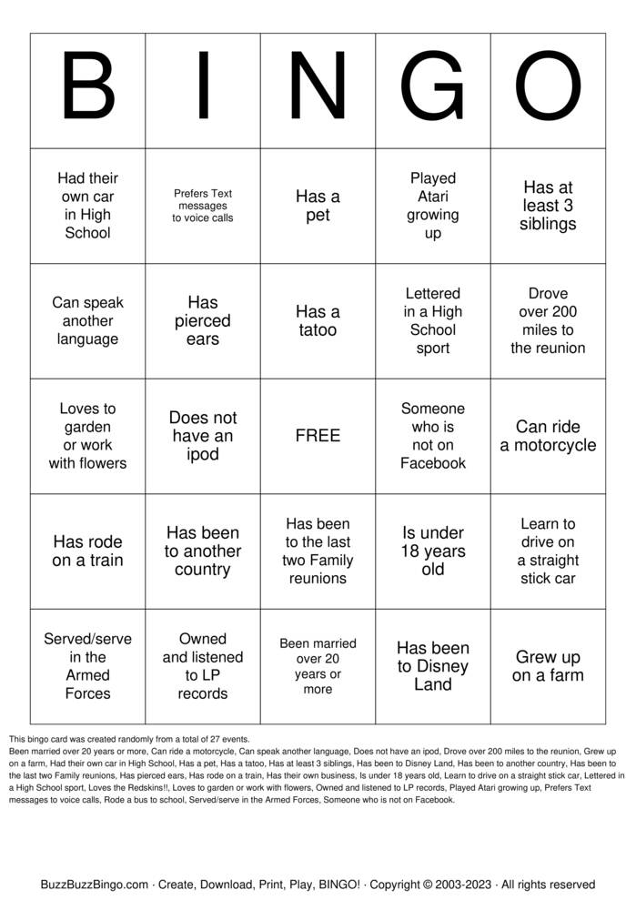 Family Reunion Bingo Bingo Cards to Download, Print and Customize!