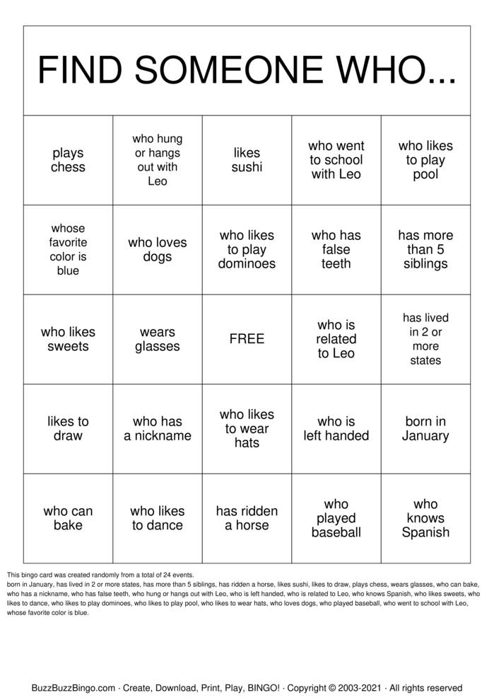 Download Free  Find Someone who ... Bingo Cards
