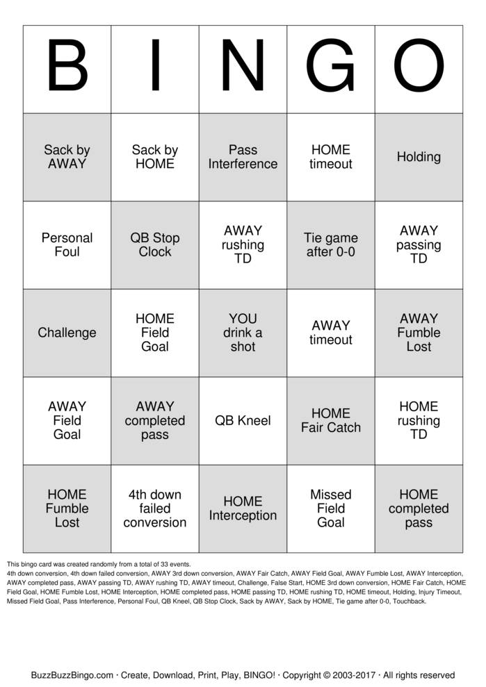 Download Free Football Bingo Cards