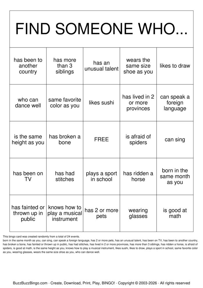 Download Free Getting to Know you! Bingo Cards