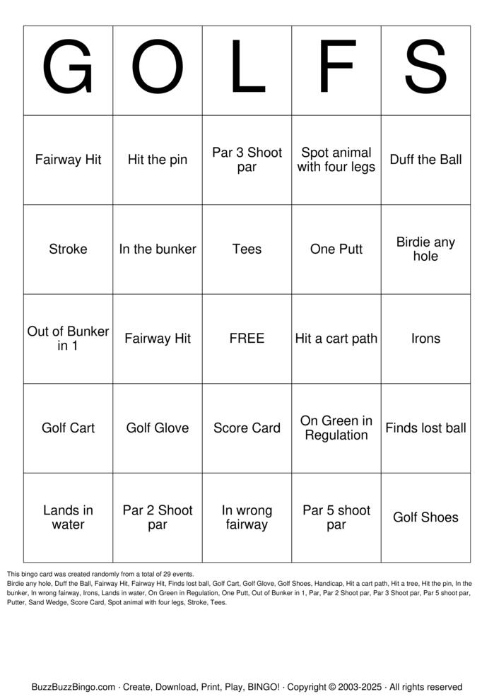 Download Free Golf Bingo Cards