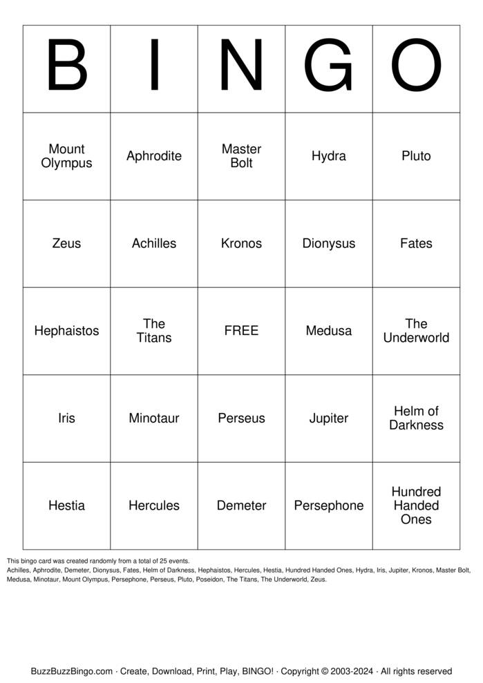 Download Free Greek Mythology Bingo Cards