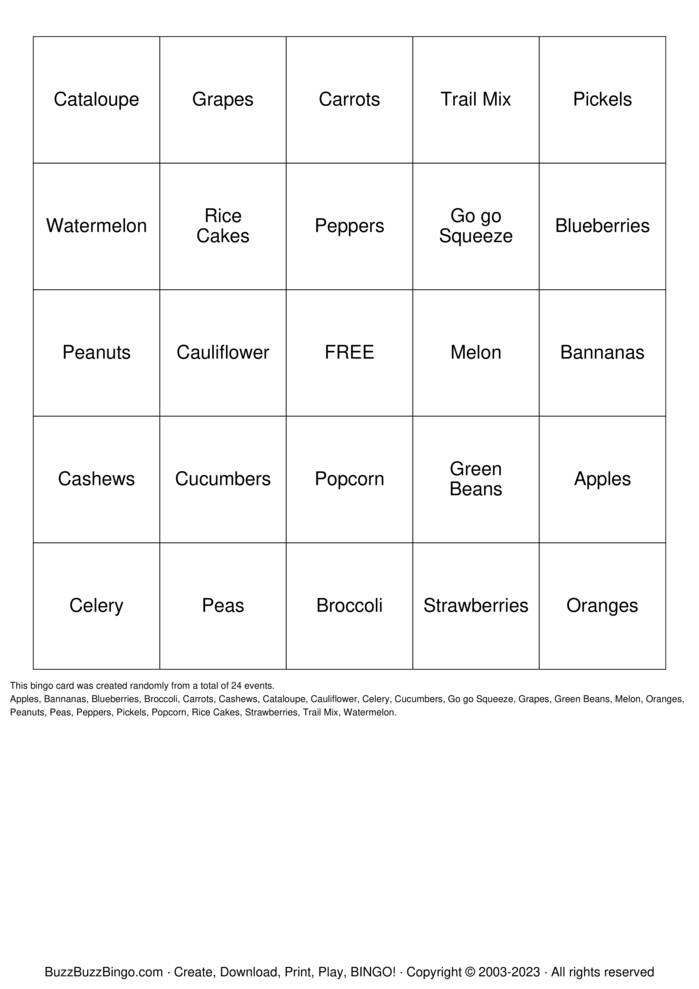 Download Free Healthy Snacks Bingo Cards
