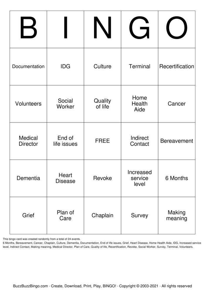 Download Free Hospice Bingo Cards