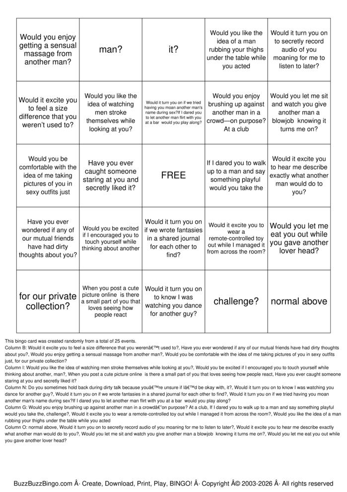 Download Free Hotwife  Bingo Cards