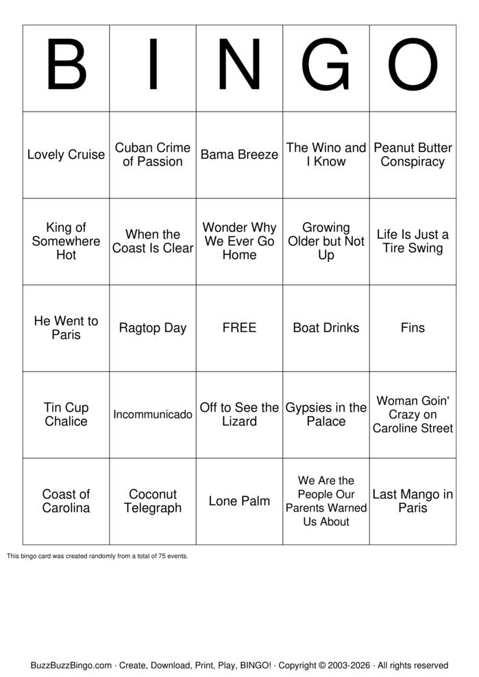 Download Free Jimmy Buffett Songs Bingo Cards
