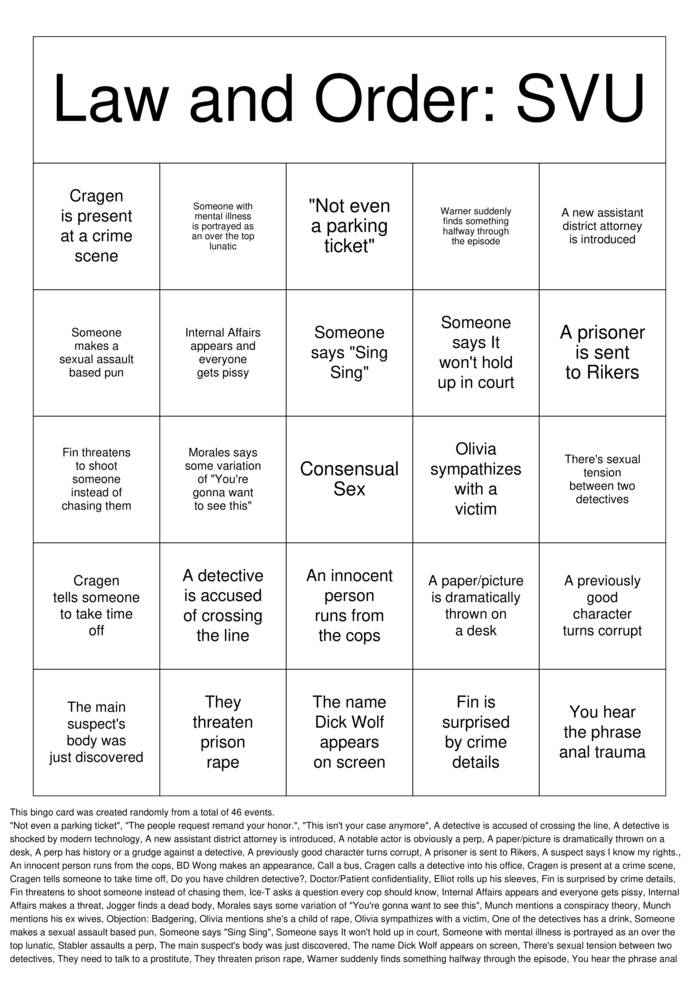 Law & Order: SVU Bingo Cards to Download, Print and Customize!