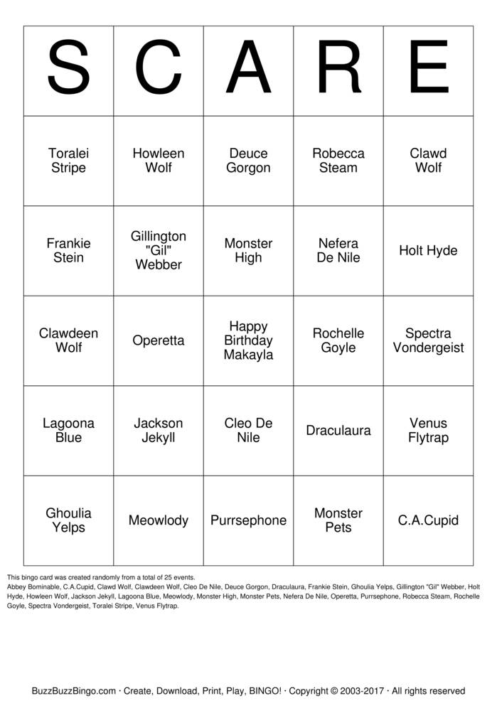 Monster High Bingo Cards to Download, Print and Customize!