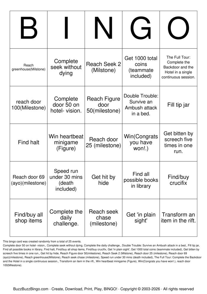 Download Free ROBLOX DOORS BINGO Bingo Cards