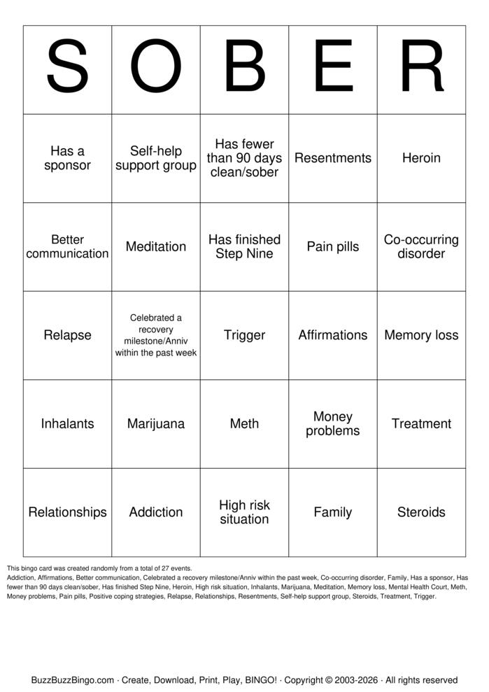 Download Free Recovery Bingo Cards Download Free Recovery Bingo Cards