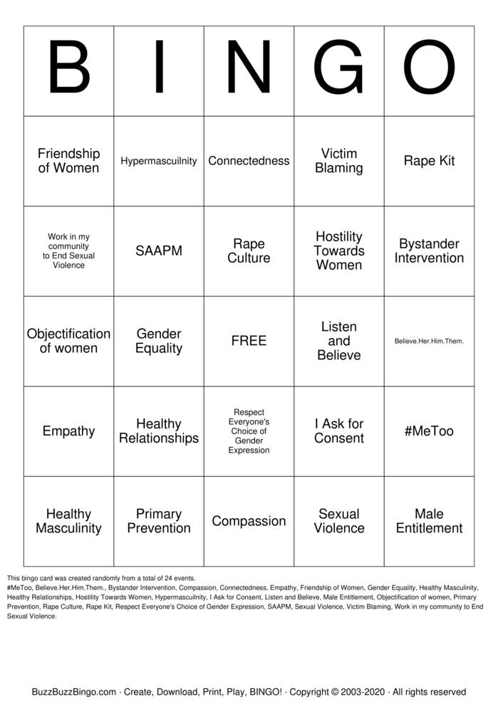 Download Free Sexual Violence Prevention Bingo Cards