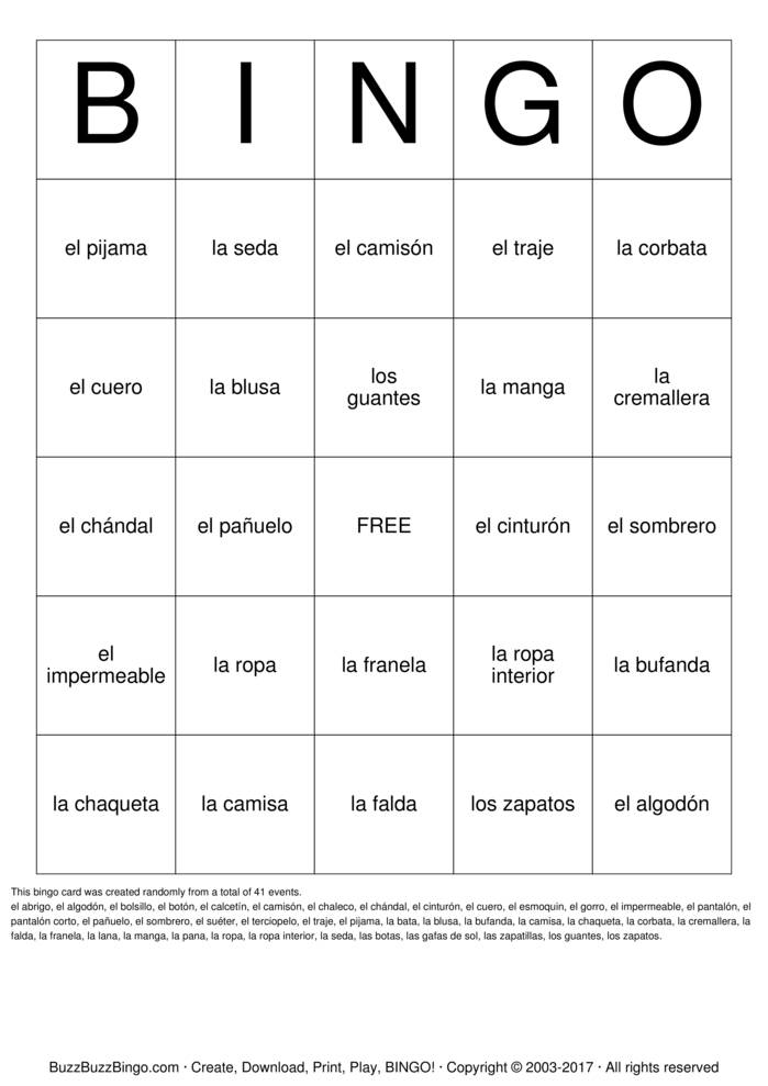 Download Free Spanish Clothing Bingo Cards