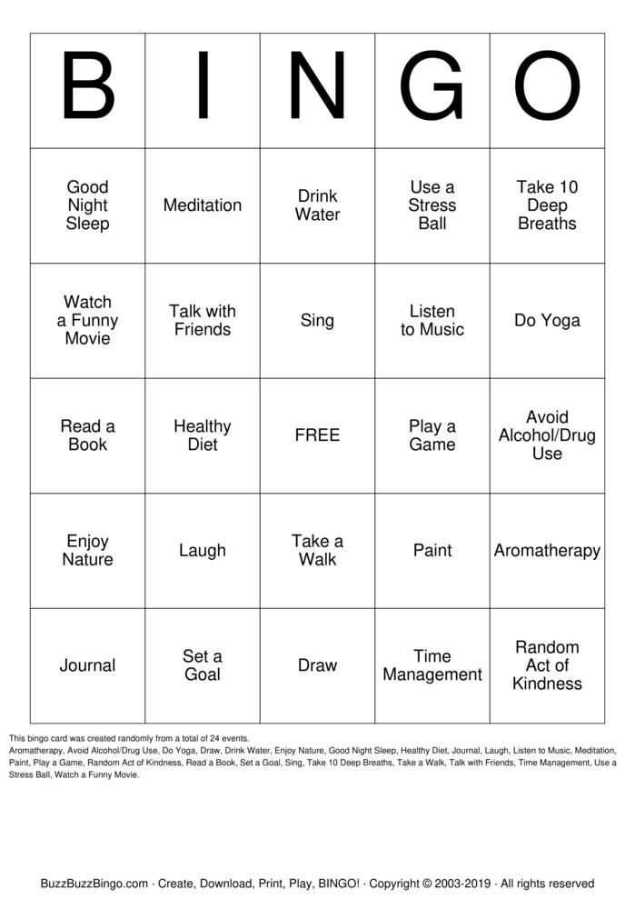 Stress Management Bingo Cards to Download, Print and Customize!