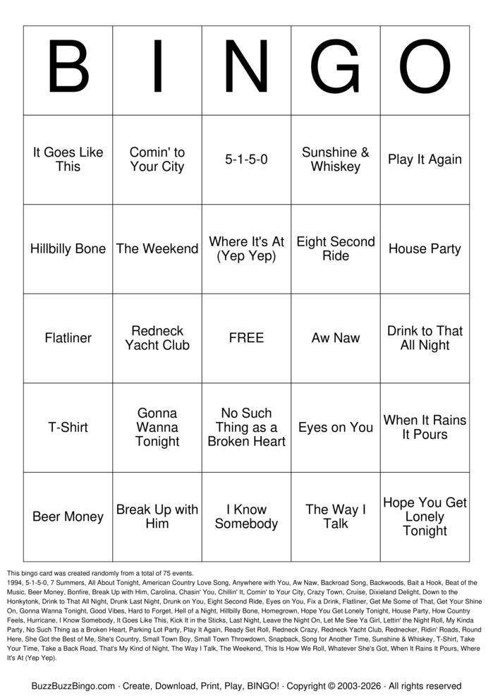 Download Free Tailgate Country Titles Bingo Cards