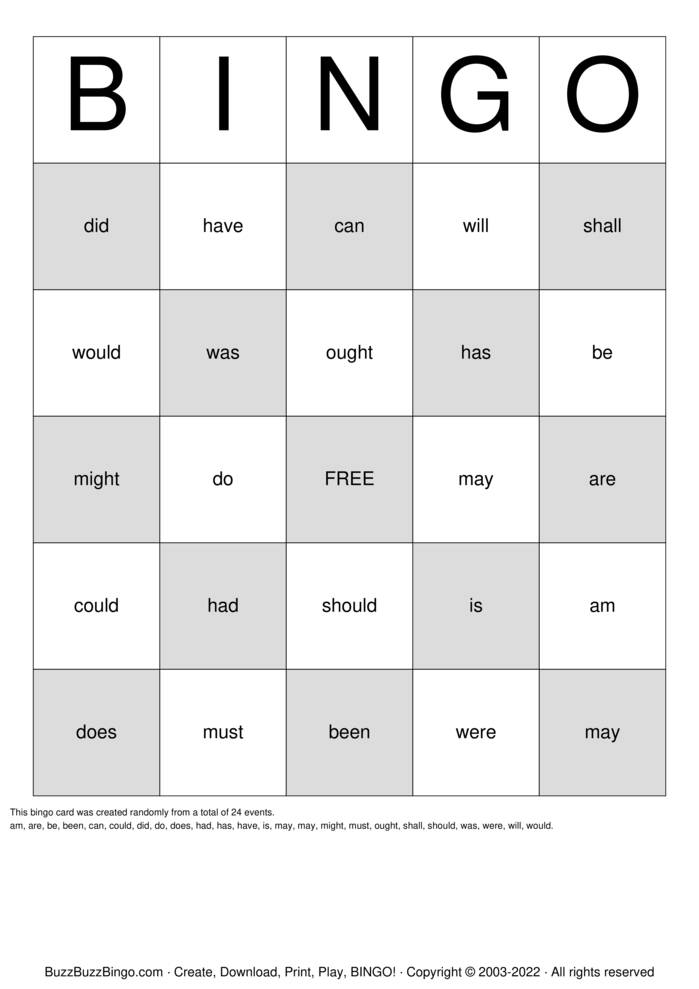 Download Free adjative Bingo Cards
