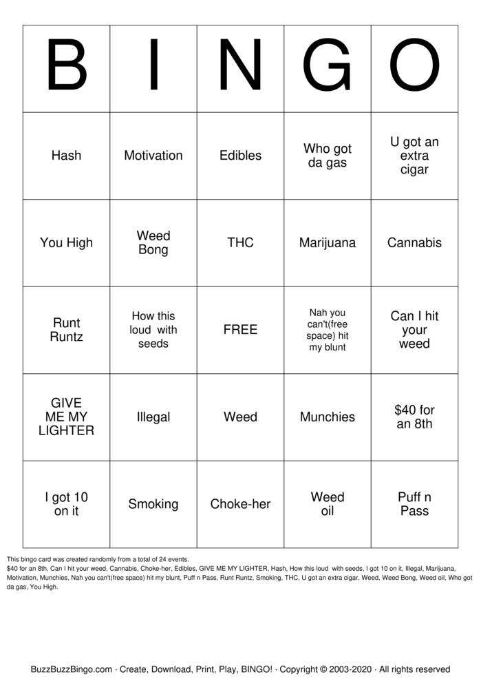 Download Free marijuana Bingo Cards