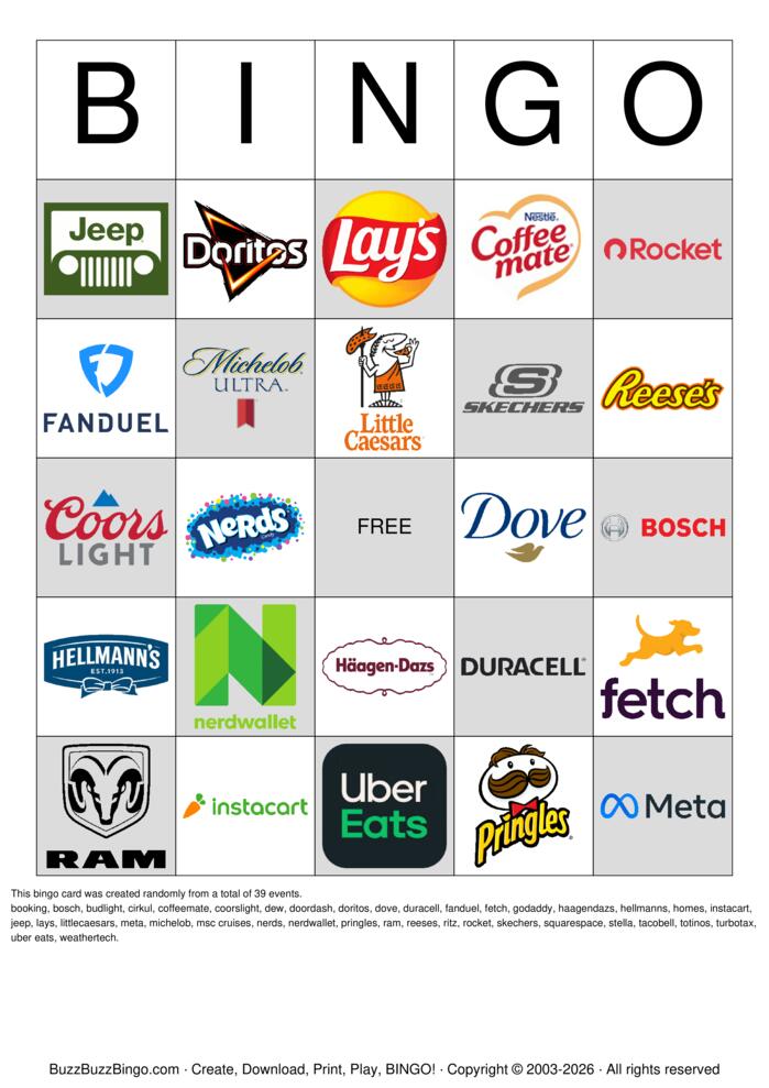 Download Free 2025 Superbowl Commercial Logos Bingo Cards Download Free 2025 Superbowl Commercial Logos Bingo Cards