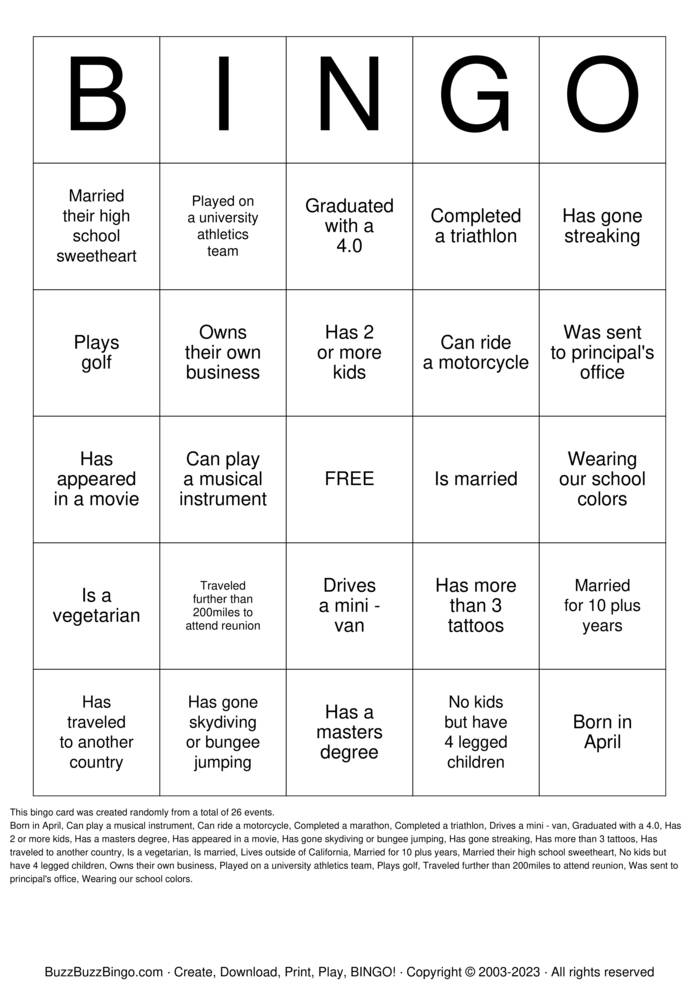 20th Class Reunion Bingo Cards to Download, Print and Customize!