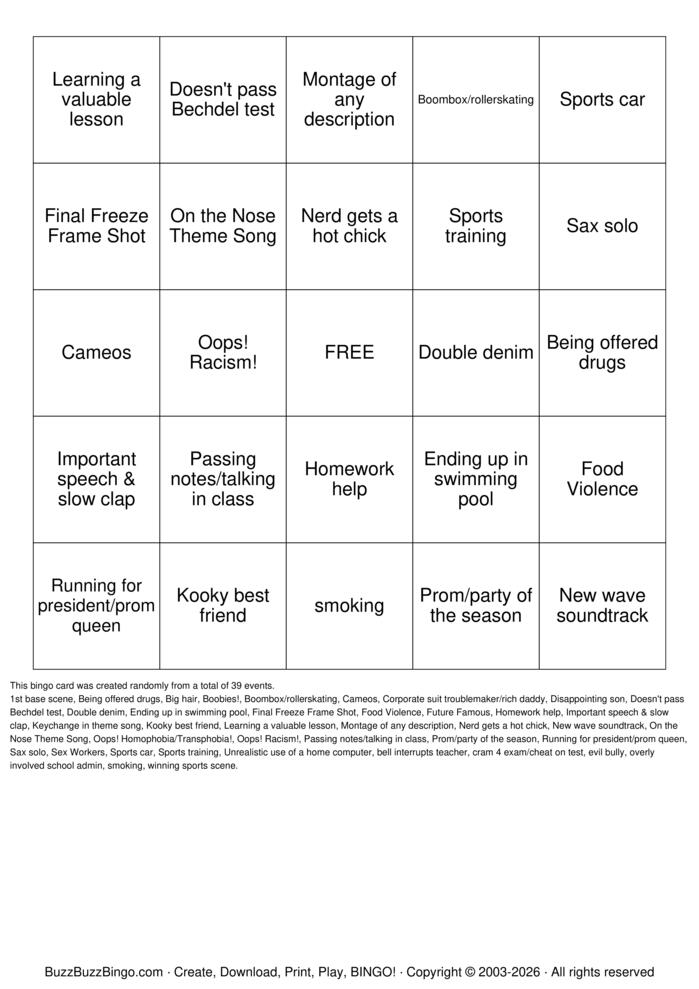 Download Free 80's Movie Cliche Bingo Cards Download Free 80's Movie Cliche Bingo Cards