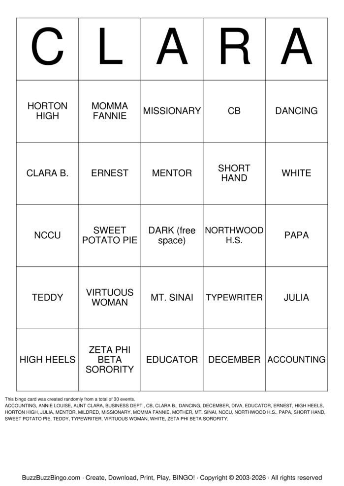 Download Free ALL ABOUT CLARA Bingo Cards Download Free ALL ABOUT CLARA Bingo Cards