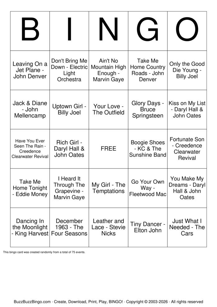 Download Free Baby Boomers Music Bingo Cards