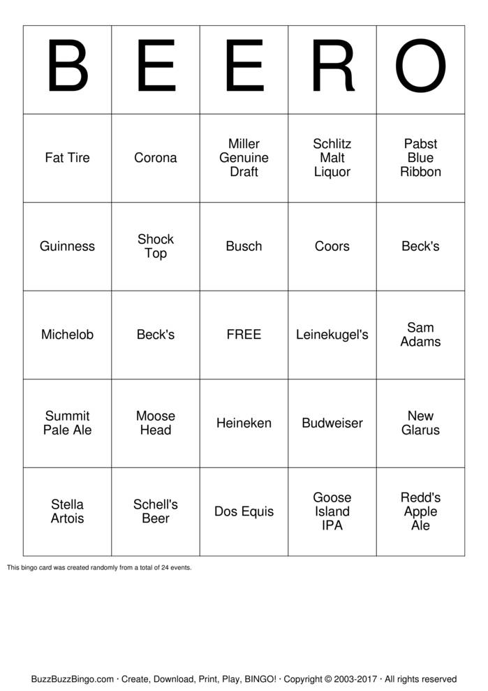 Download Free Beer  Bingo Cards