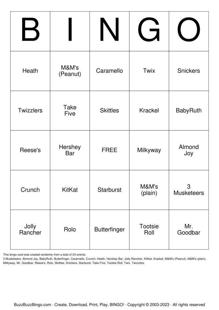Download Free CANDY BAR Bingo Cards