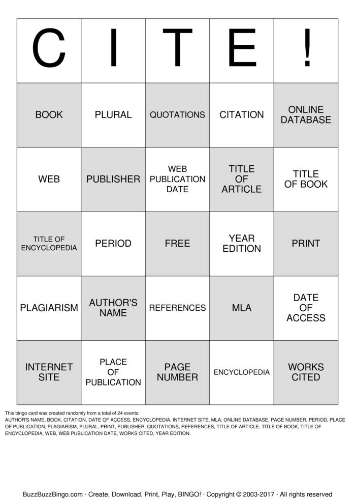 Download Free CITATION Bingo Cards