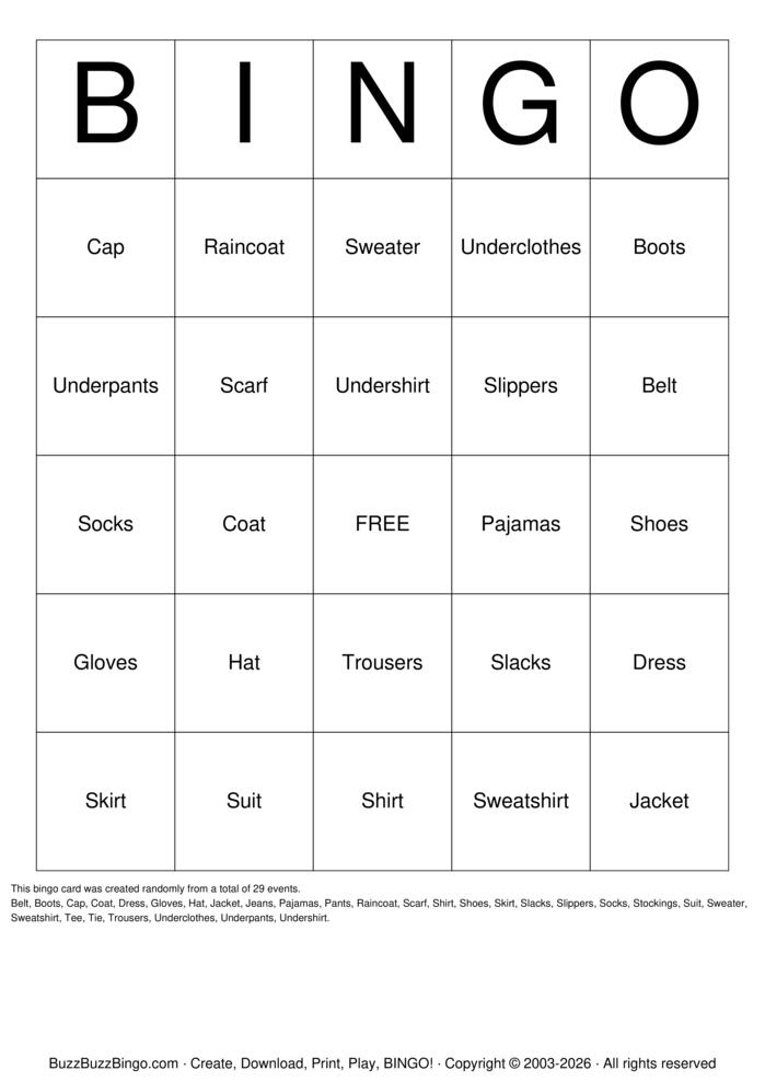 Download Free Clothing Bingo Cards