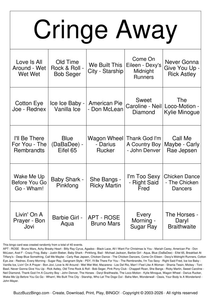 Download Free Cringe Away Bingo Cards Download Free Cringe Away Bingo Cards