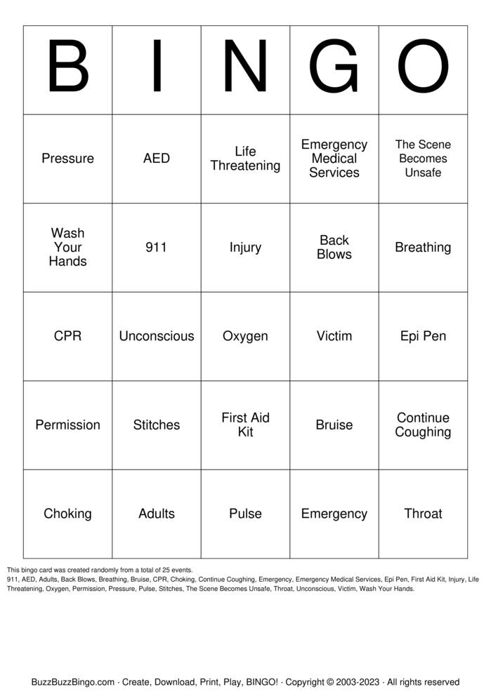 Download Free First Aid Bingo Bingo Cards