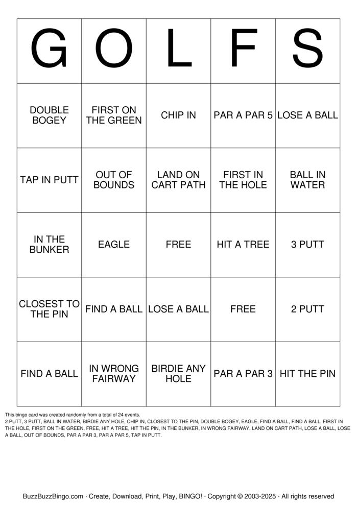 Download Free Golf Bingo Cards Download Free Golf Bingo Cards