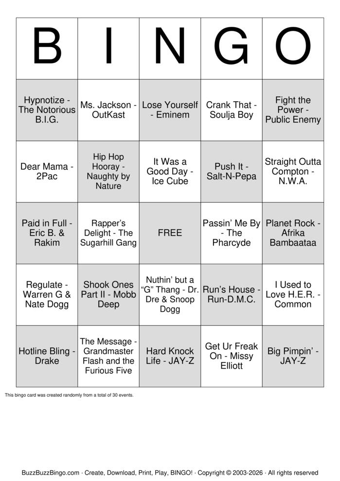 Download Free Hip-Hop Classics Bingo Cards