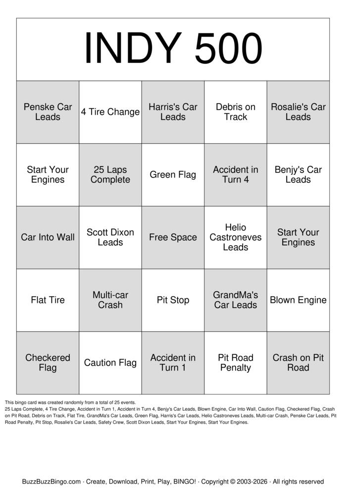 Download Free Indy 500 Bingo Cards Download Free Indy 500 Bingo Cards